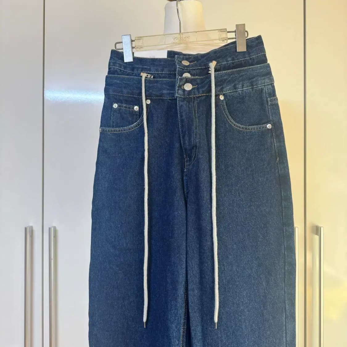 스트링 쓰리버튼 하이웨스트 와이드 롱 팬츠 청바지s 진청 데님 상품이미지2