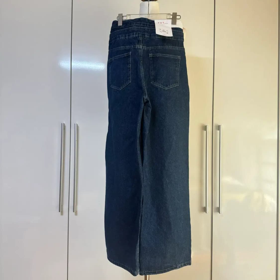 스트링 쓰리버튼 하이웨스트 와이드 롱 팬츠 청바지s 진청 데님 상품이미지3