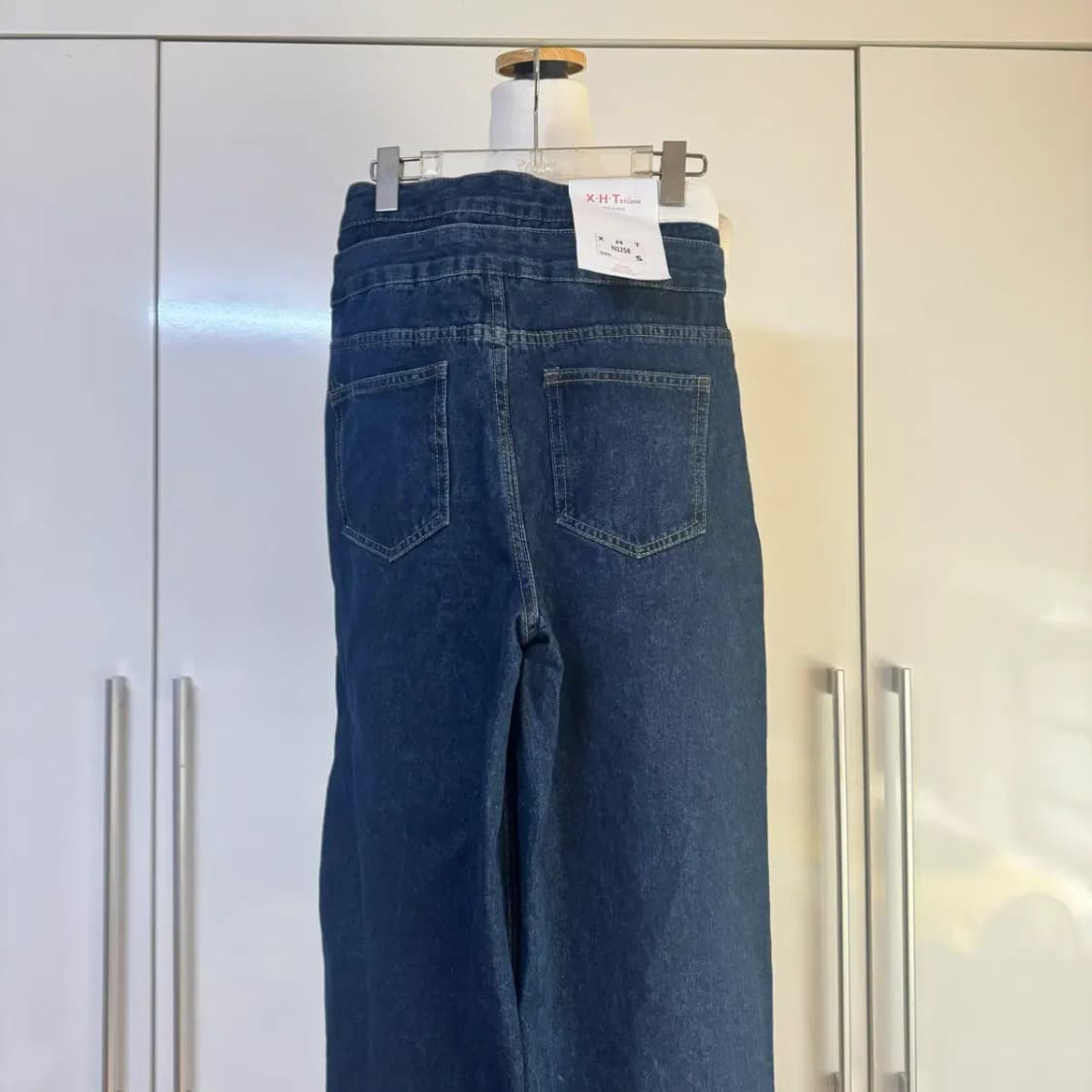 스트링 쓰리버튼 하이웨스트 와이드 롱 팬츠 청바지s 진청 데님 상품이미지4