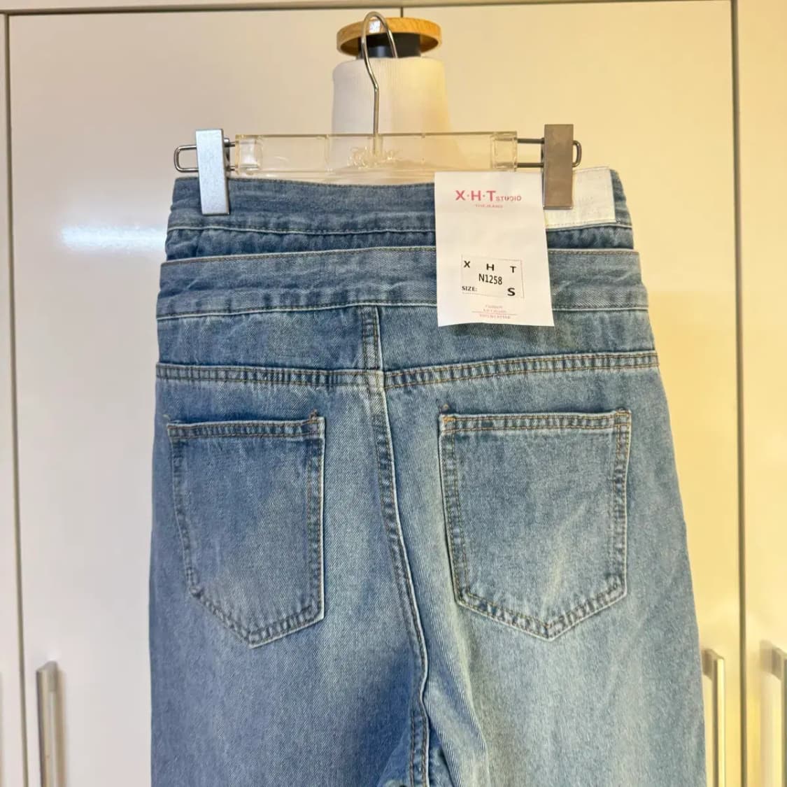 스트링 쓰리버튼 하이웨스트 롱 와이드 팬츠 중청s 상품이미지4