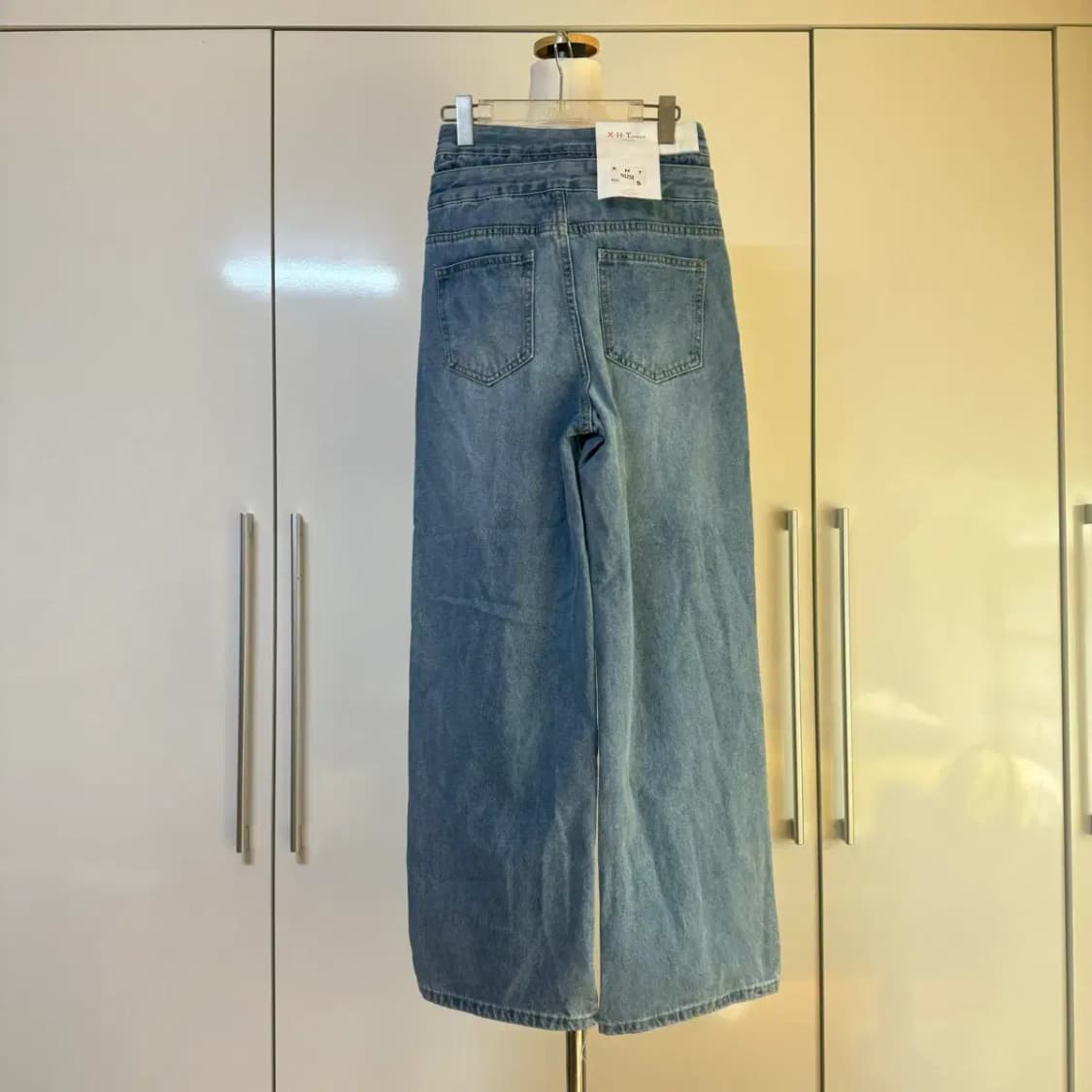 스트링 쓰리버튼 하이웨스트 롱 와이드 팬츠 중청s 상품이미지5