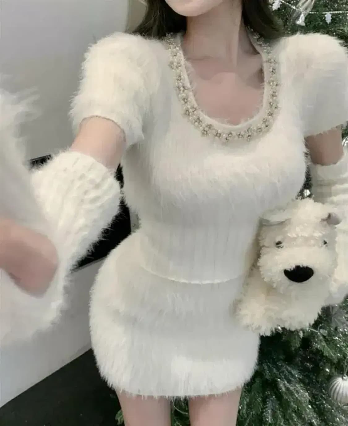 큐빅 앙고라 니트 반팔 +미니스커트 투피스 워머 세트 아이보리 블랙 상품이미지1