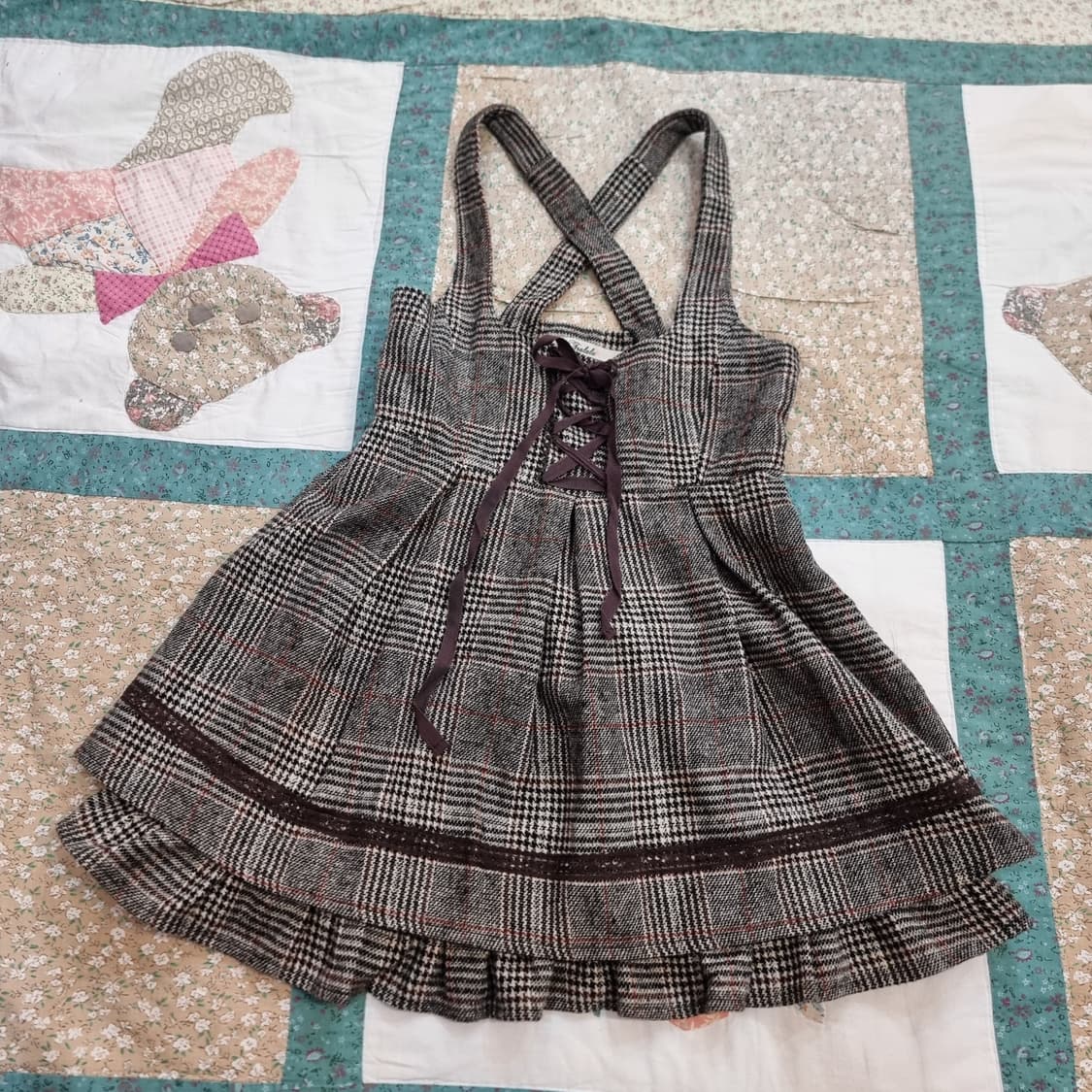 Tralala(트랄라라) 빈티지 체크 멜빵 원피스 상품이미지1