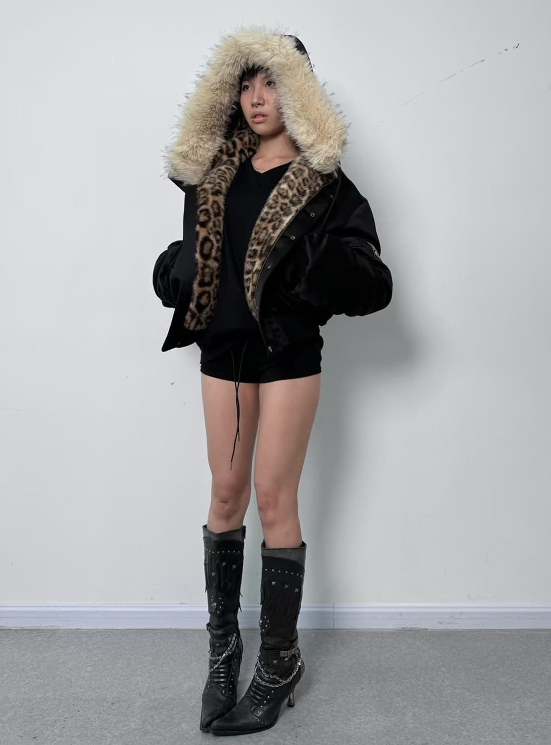 Leopard Pattern Fur Hooded Jacket 상품이미지2