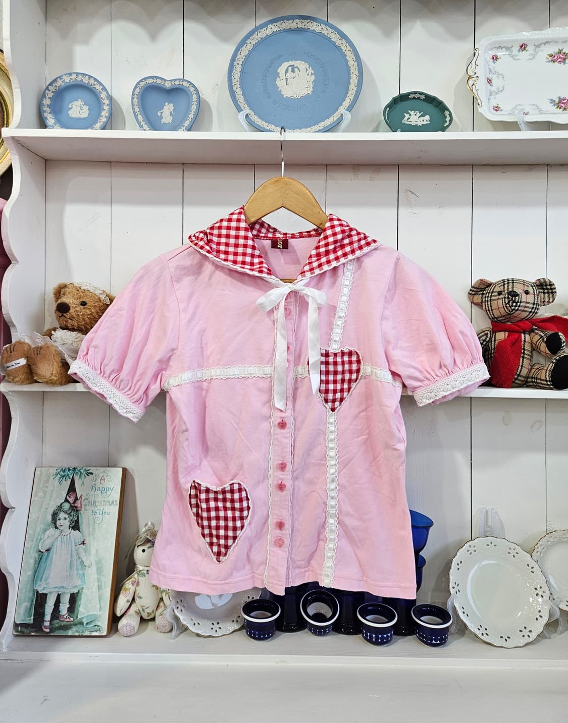 (BODY LINE) 토끼후드 하트 체크 반팔 후드탑 상품이미지1