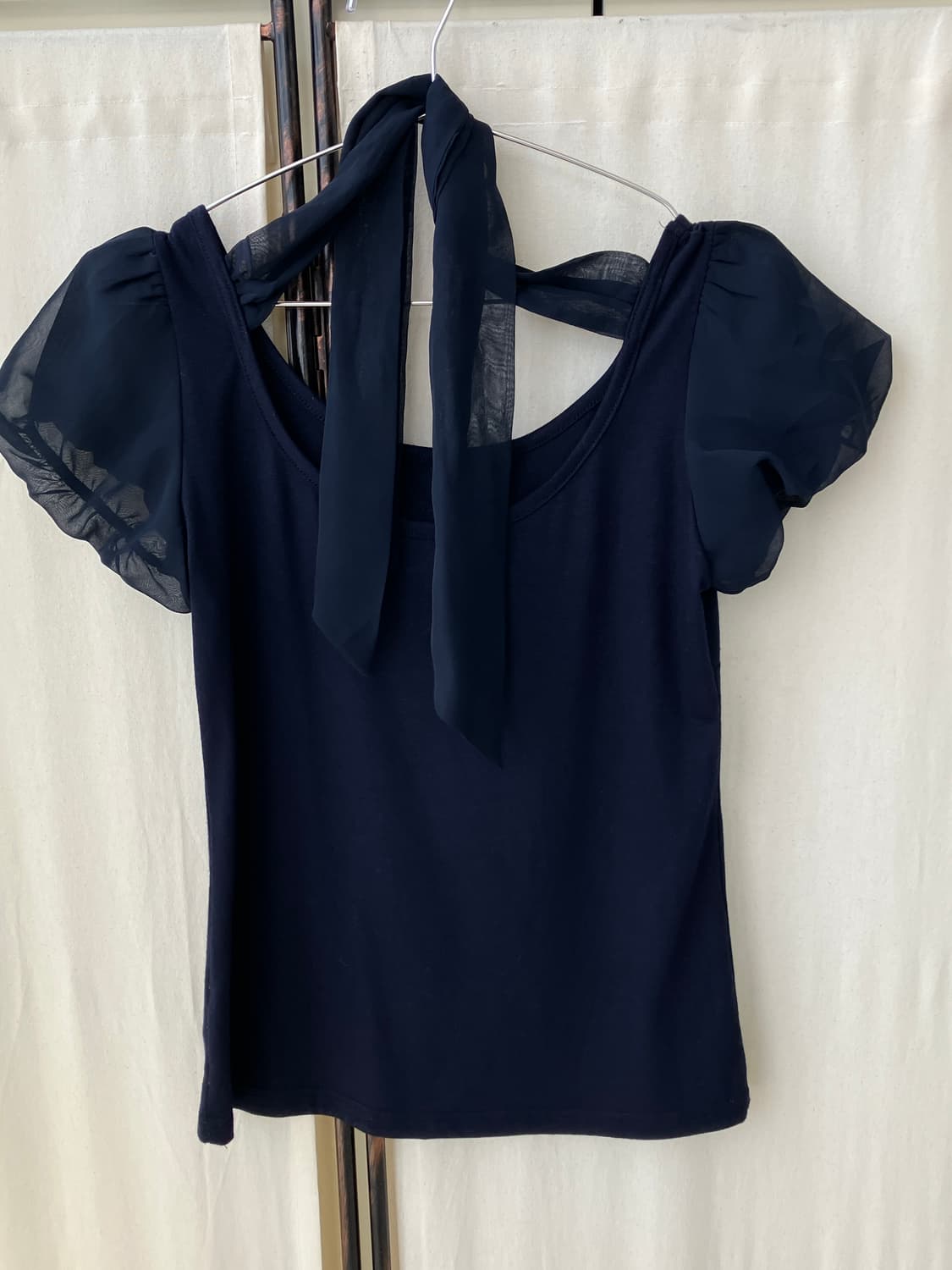 navy lace shirring ribbon half blouse 상품이미지5