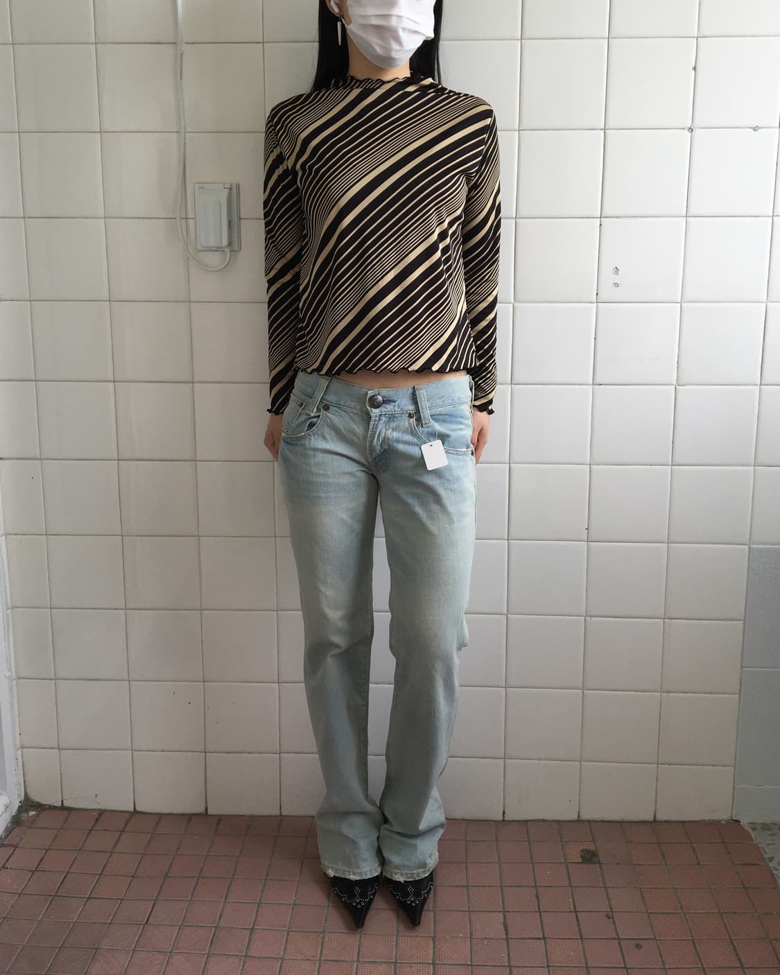 Stripe pattern high neck sleeve 상품이미지5
