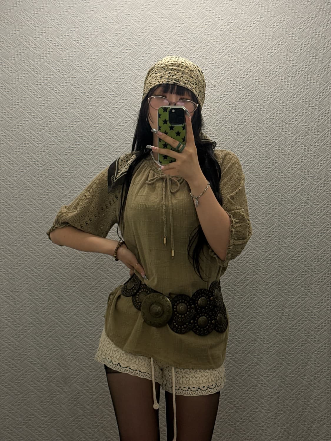 컨트리 빈티지 코지 모리 말차카키 펀칭 반팔 블라우스 K0364 상품이미지1