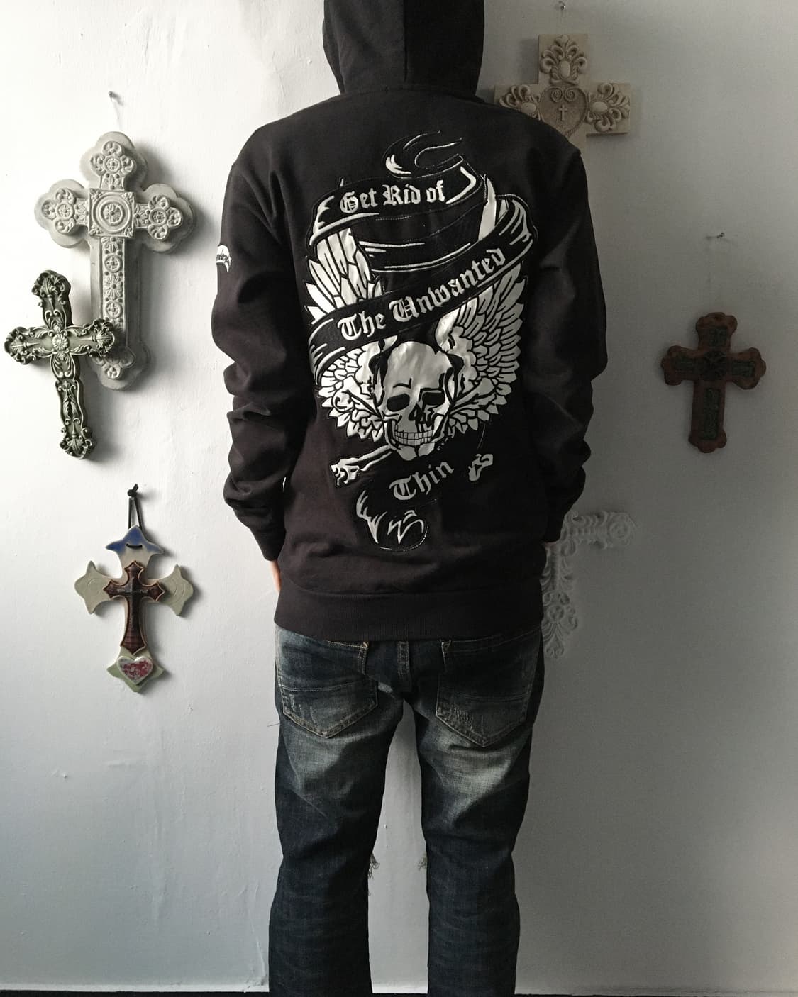 Back skull patch point hood zip pu 상품이미지1