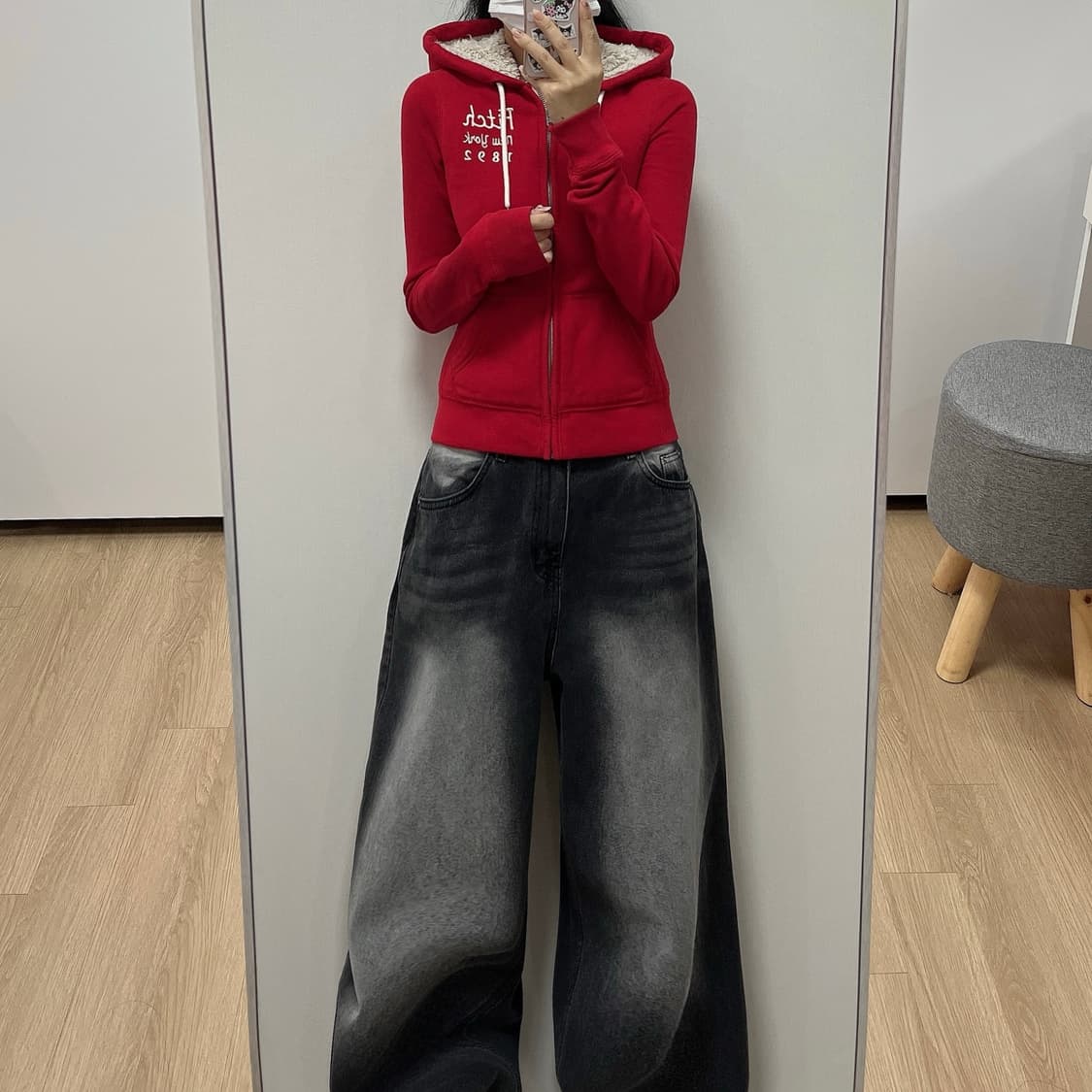 아베크롬비 딱붙핏 자수로고 양털안감 레드 후드집업 상품이미지1