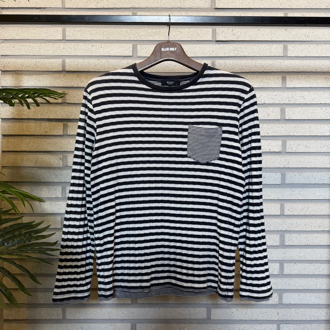 BEAMS 빔즈 스트라이프 체크골지 니트 패치포켓 믹스패턴 디테일 상품이미지2