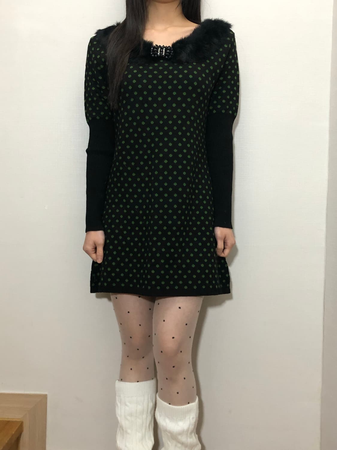 빈티지 블랙 그린 도트 원피스 상품이미지2