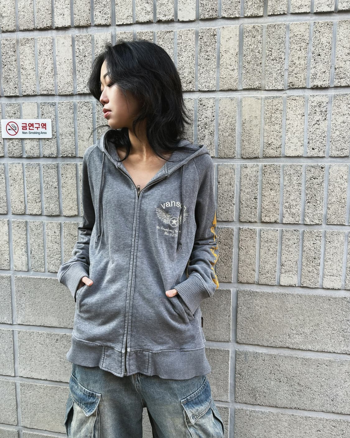 밴슨 그레이 자수&프린팅 후드집업 상품이미지2