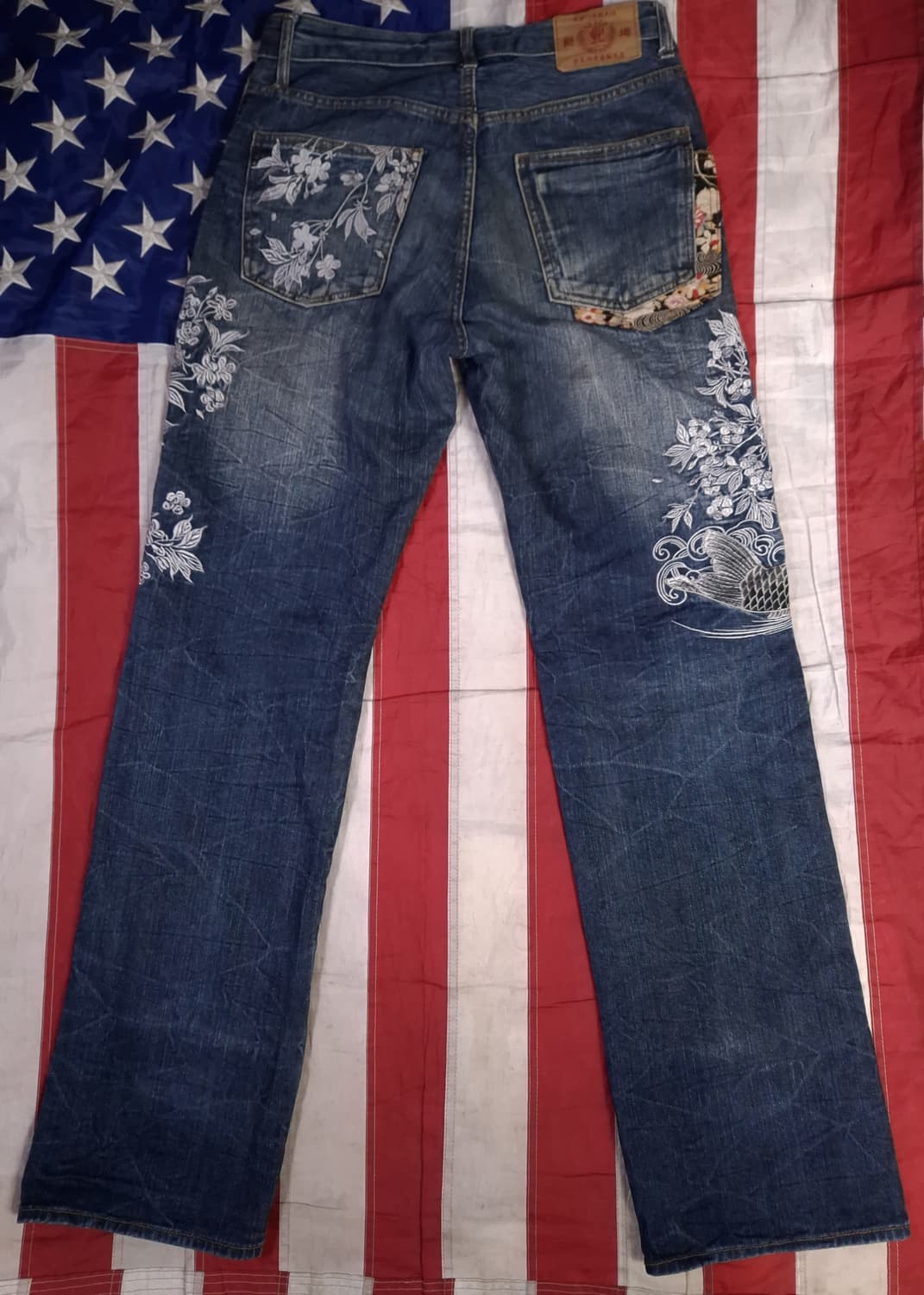 오리지날 일본판 풍신뇌신 오리엔탈 자수 잉어 데님진 상품이미지1