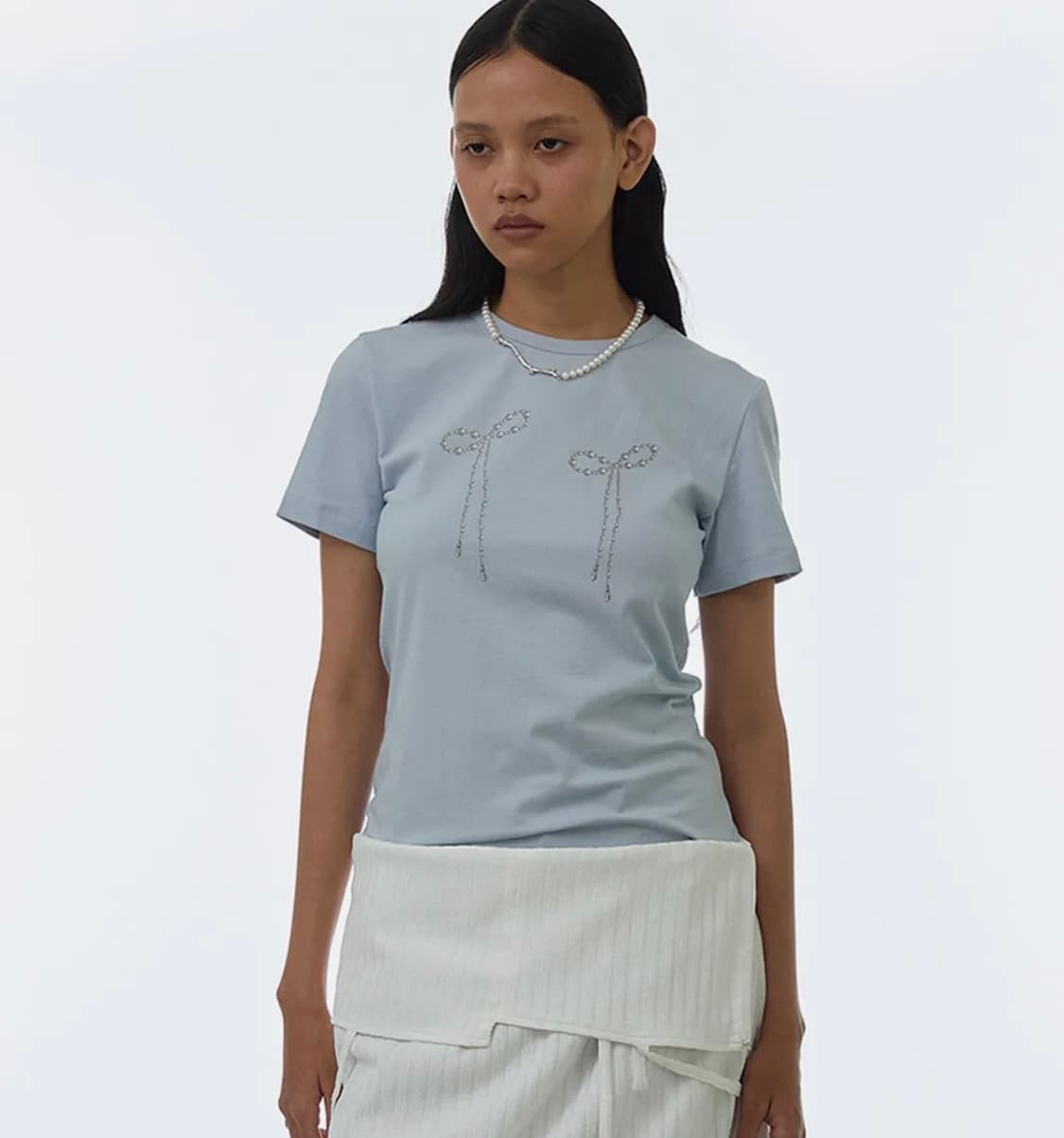 밀로우먼 펄 리본 티셔츠 [파우더 블루] 상품이미지1