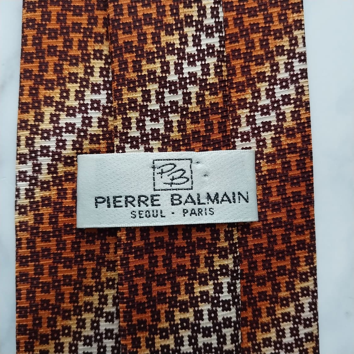 피에르 발망 실크 오렌지 체크 넥타이 9.9cm A등급 K1180
 상품이미지10