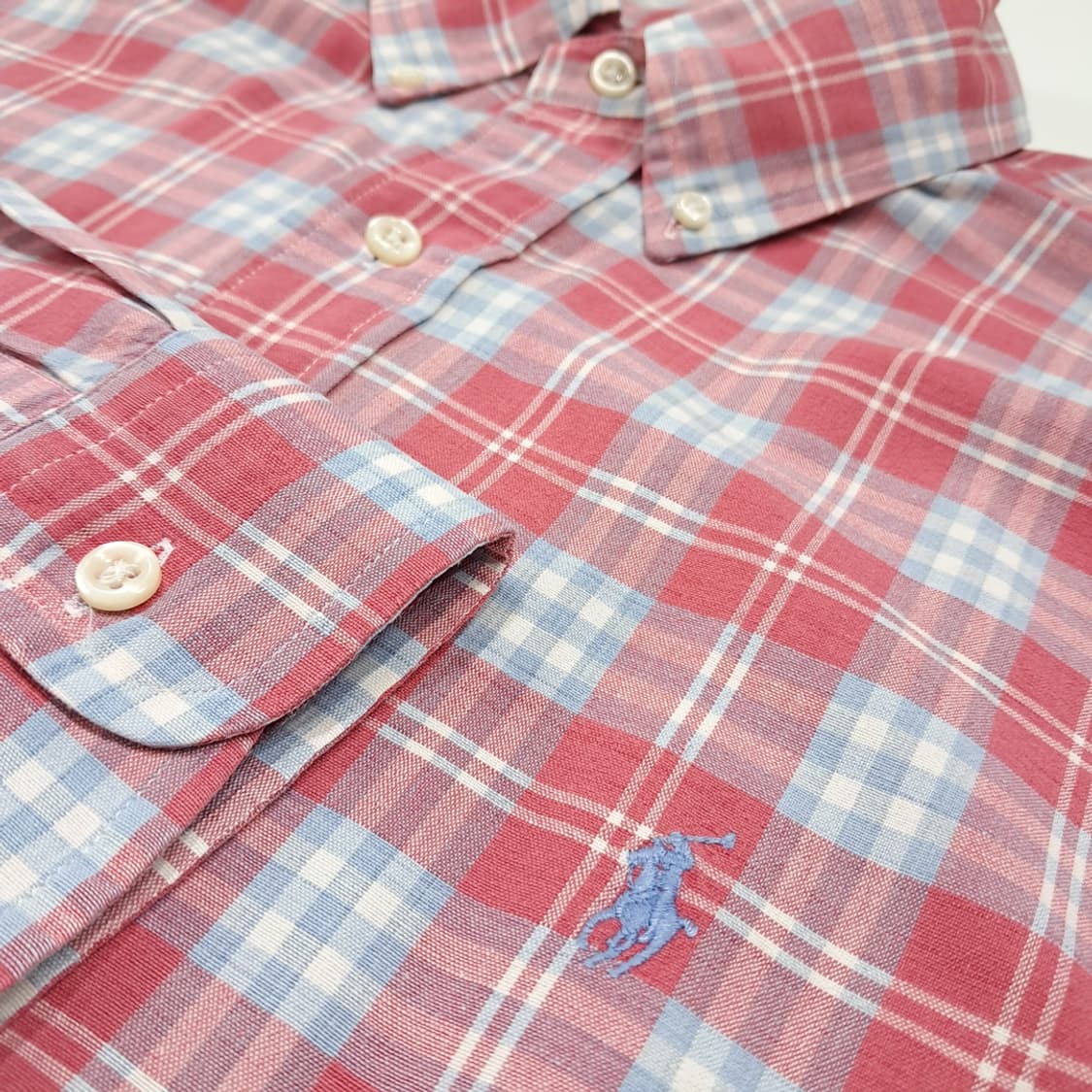 CL927 L 폴로 90s 버튼다운 빈티지 레드 마드라스 체크 셔츠 남 상품이미지4