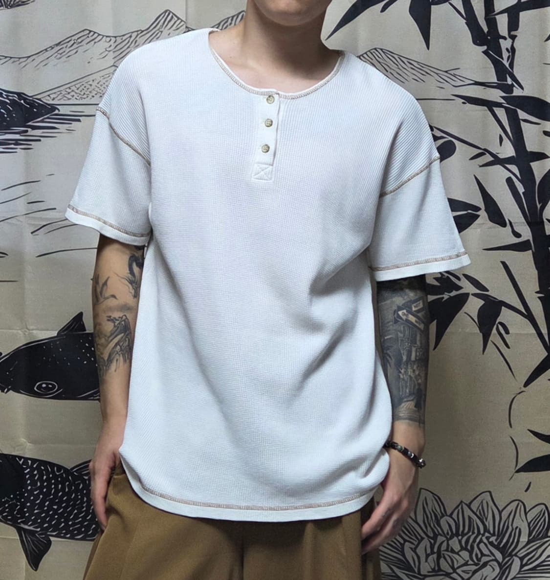 스티치 디테일 와플 헨리넥 반팔 상품이미지7