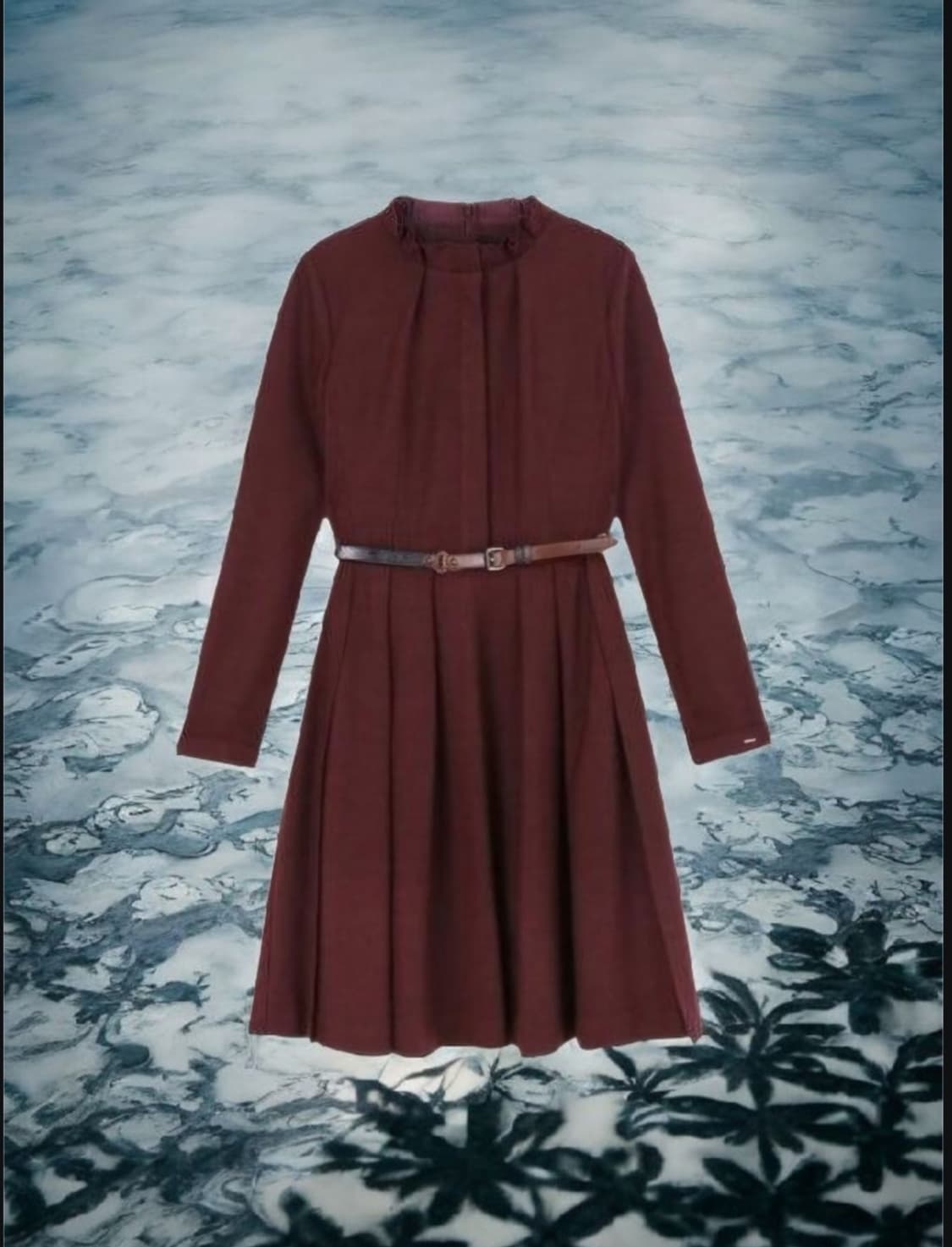 헤지스레이디스 버건디 하이넥 벨티드 울 미디 원피스 55 55(1/2) 상품이미지3