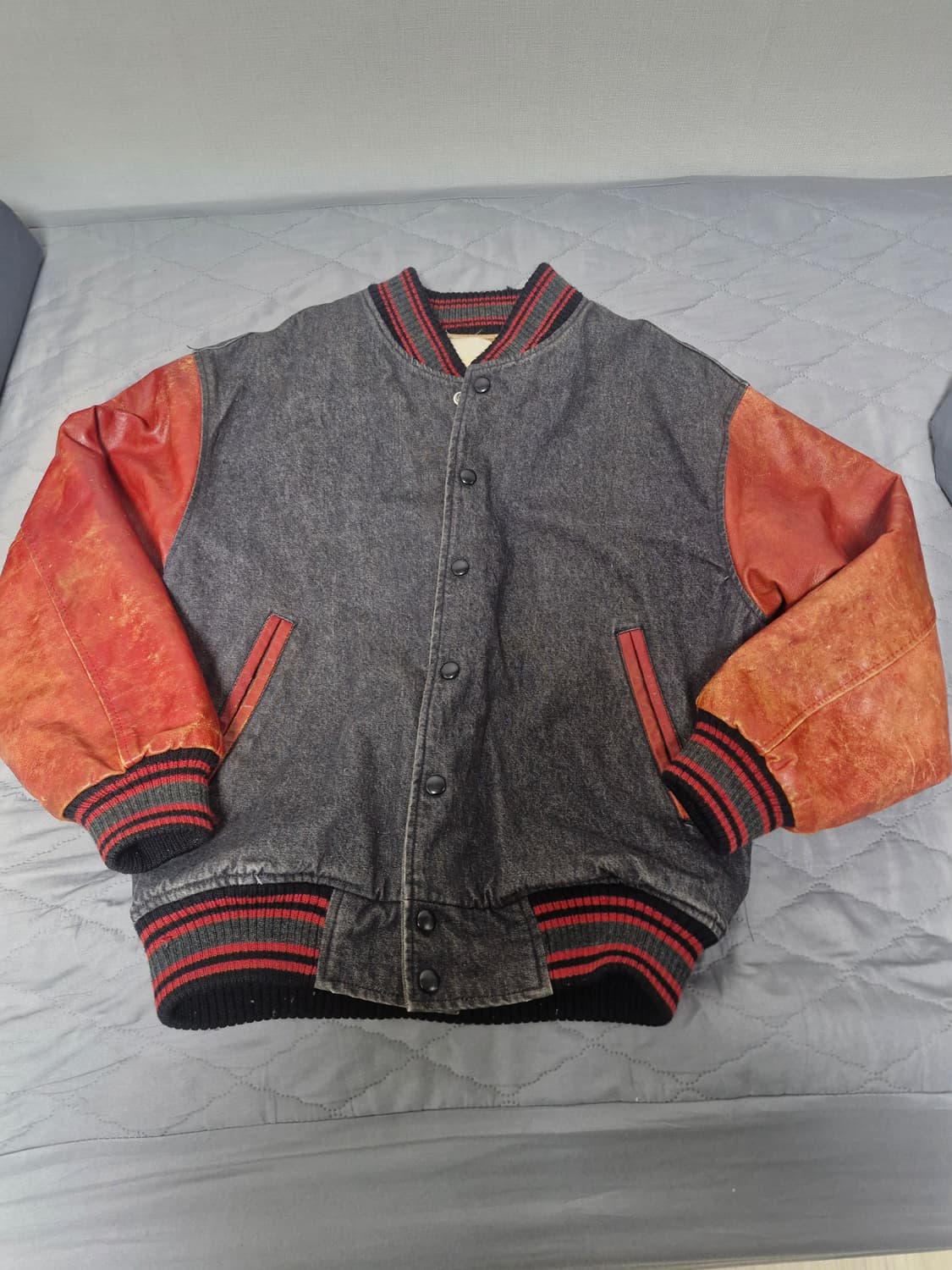 90s Scene 빈티지 레더 데님 바시티 자켓 상품이미지1