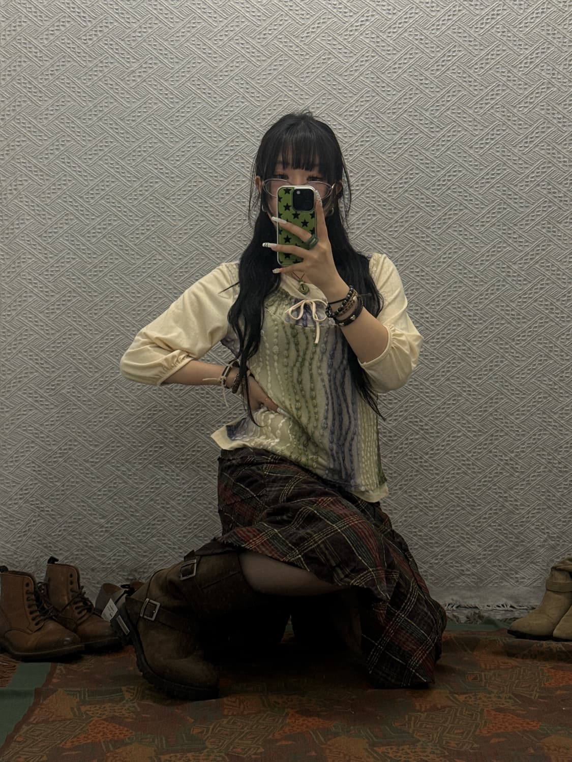 빈티지 모리 핀터걸 펀칭 오리엔탈 뜨개 레이스 7부 반팔티 K0067 상품이미지2