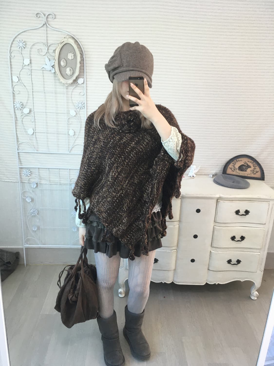 일본빈티지 브라운 플라워 코사지 케이프 상품이미지2