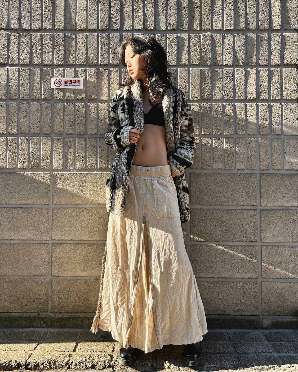 고아 멀티버튼 아이보리 밴딩 롱 스커트 상품이미지1