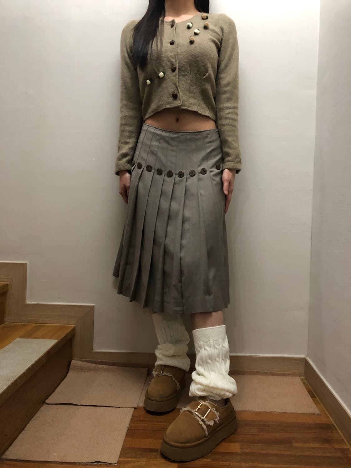 빈티지 그레이 버튼 플리츠 미디 스커트 상품이미지8