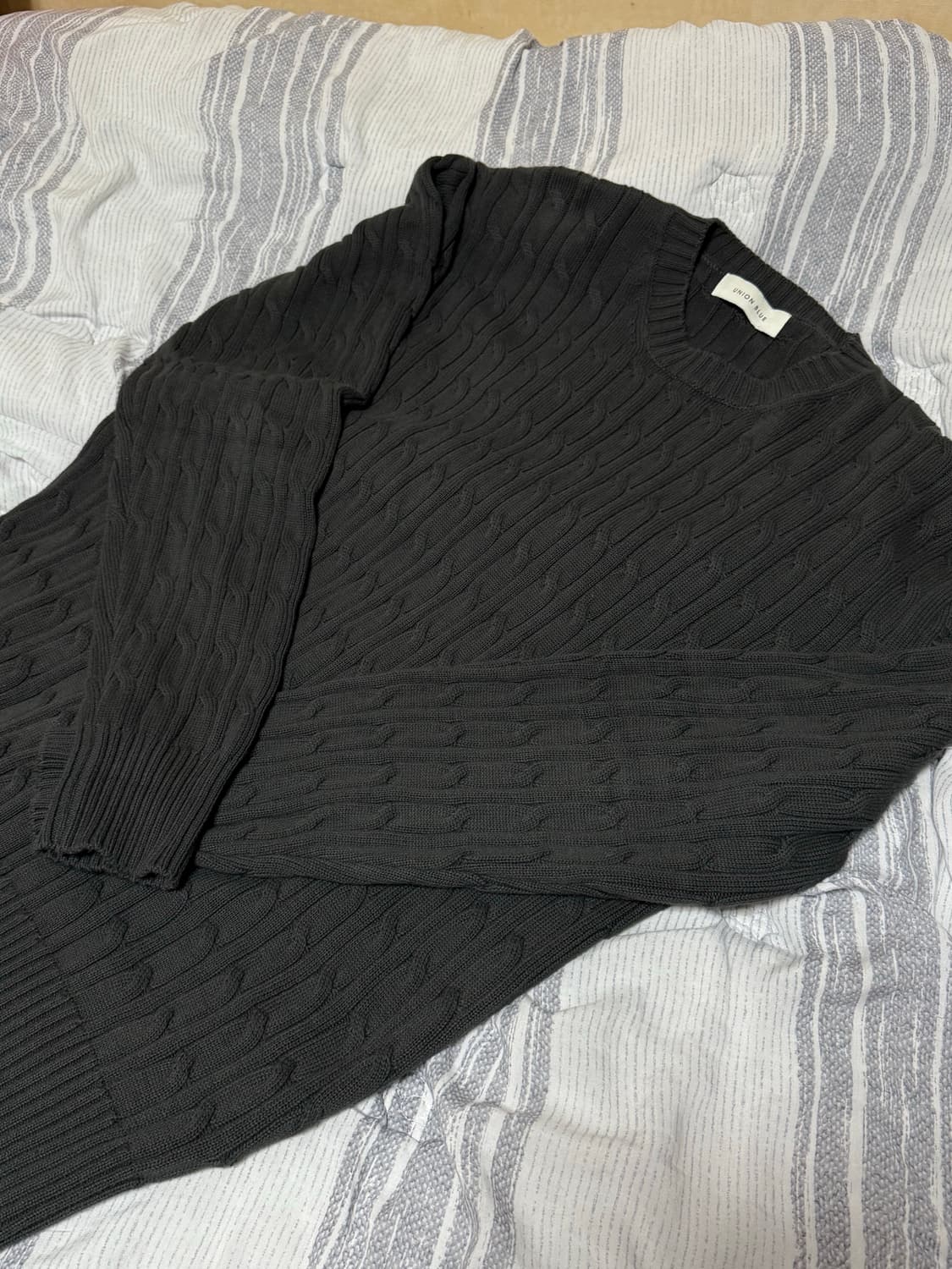 (L) 유니온블루 케이블 코튼 니트 카키 그레이 상품이미지3