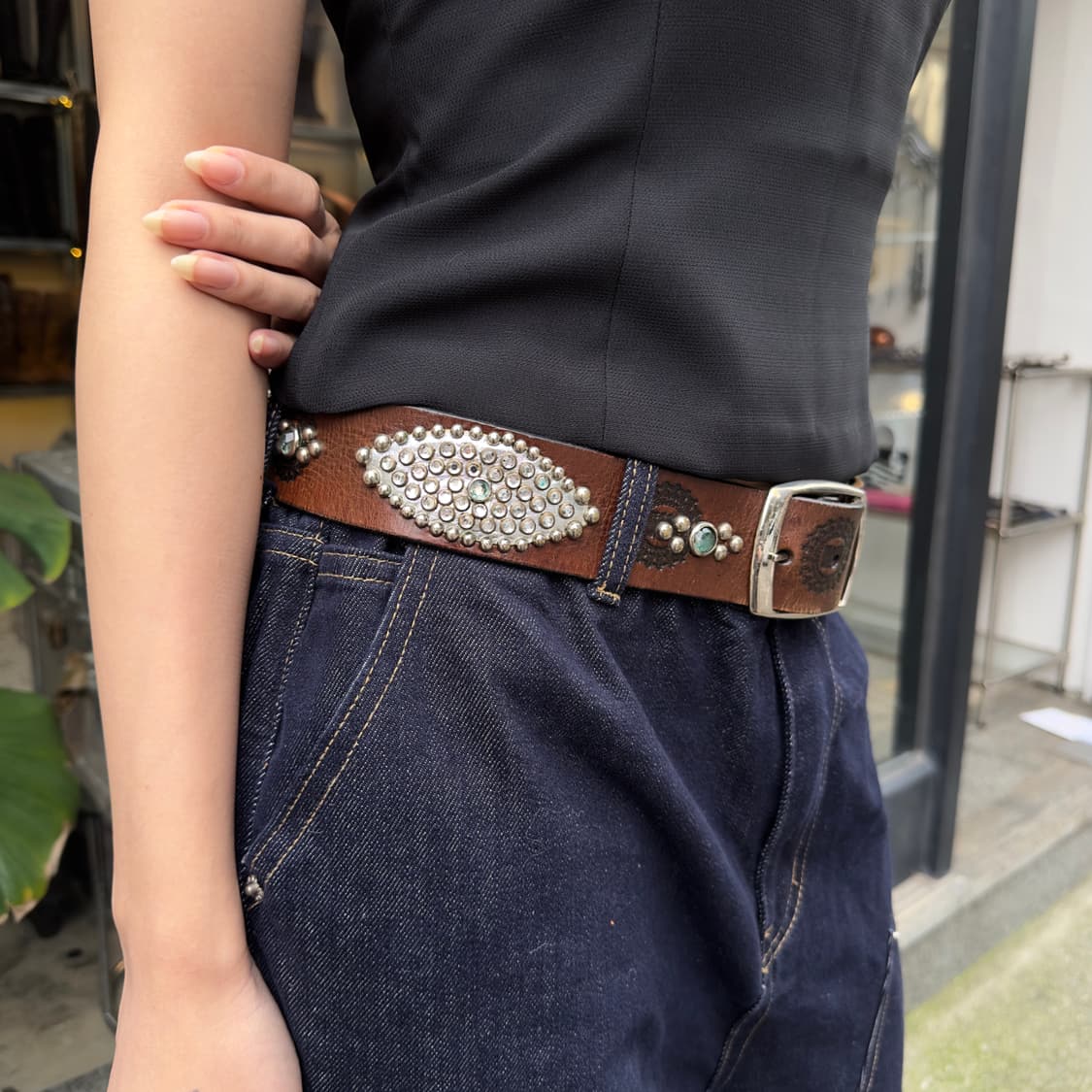 빈티지 리얼 웨스턴 가죽 다이아몬드 & 스터드 벨트 상품이미지5