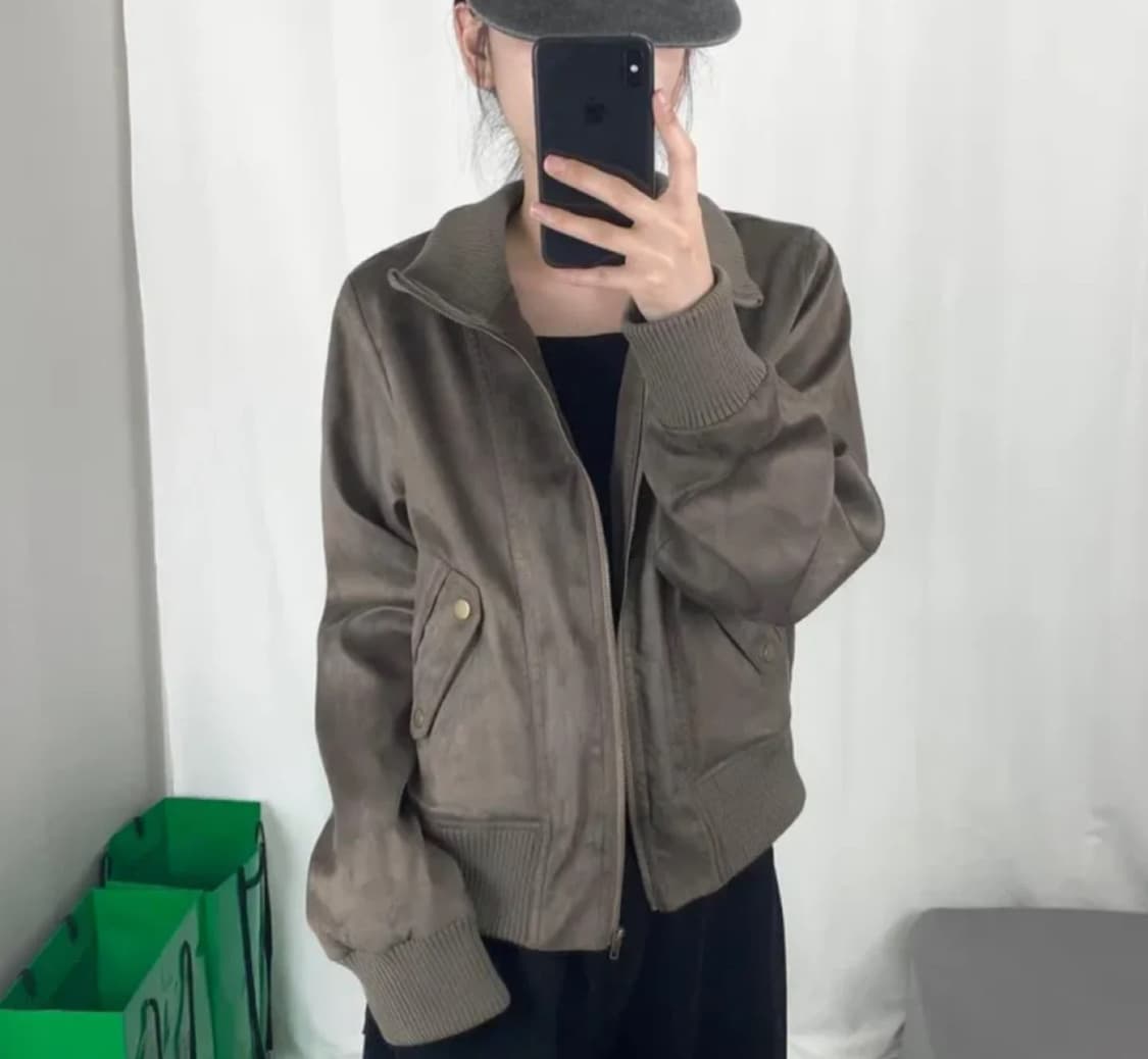 (새상품) 안감 빈티지 하이넥 스웨이드 누빔 점퍼 카키 상품이미지2