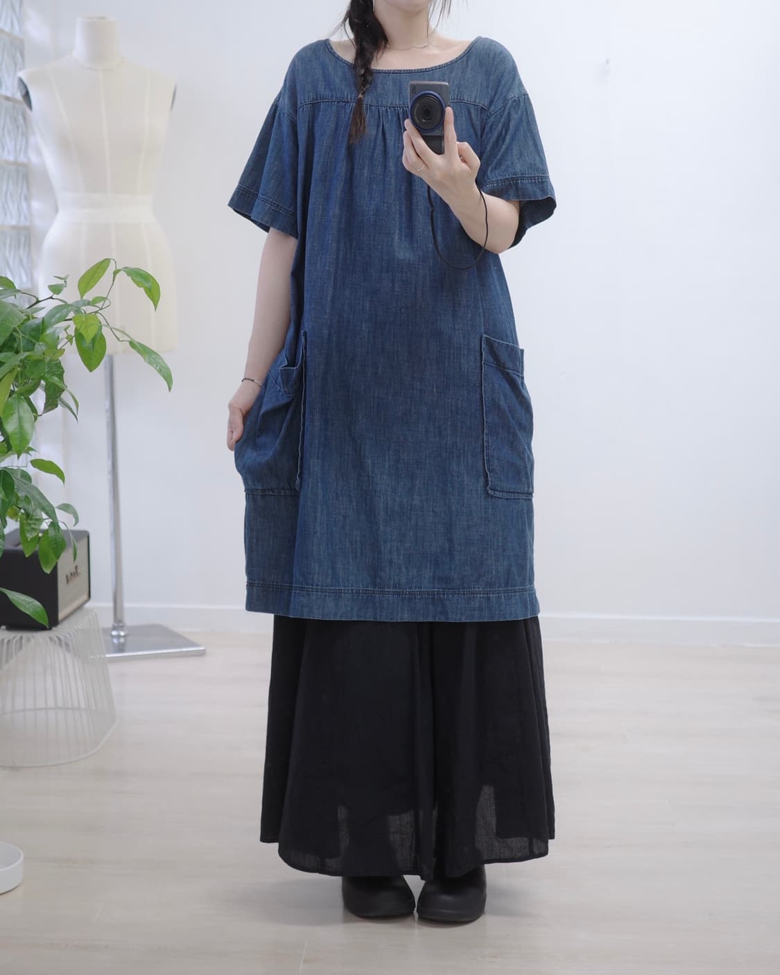 Cotton demin wood button one-piece 상품이미지3
