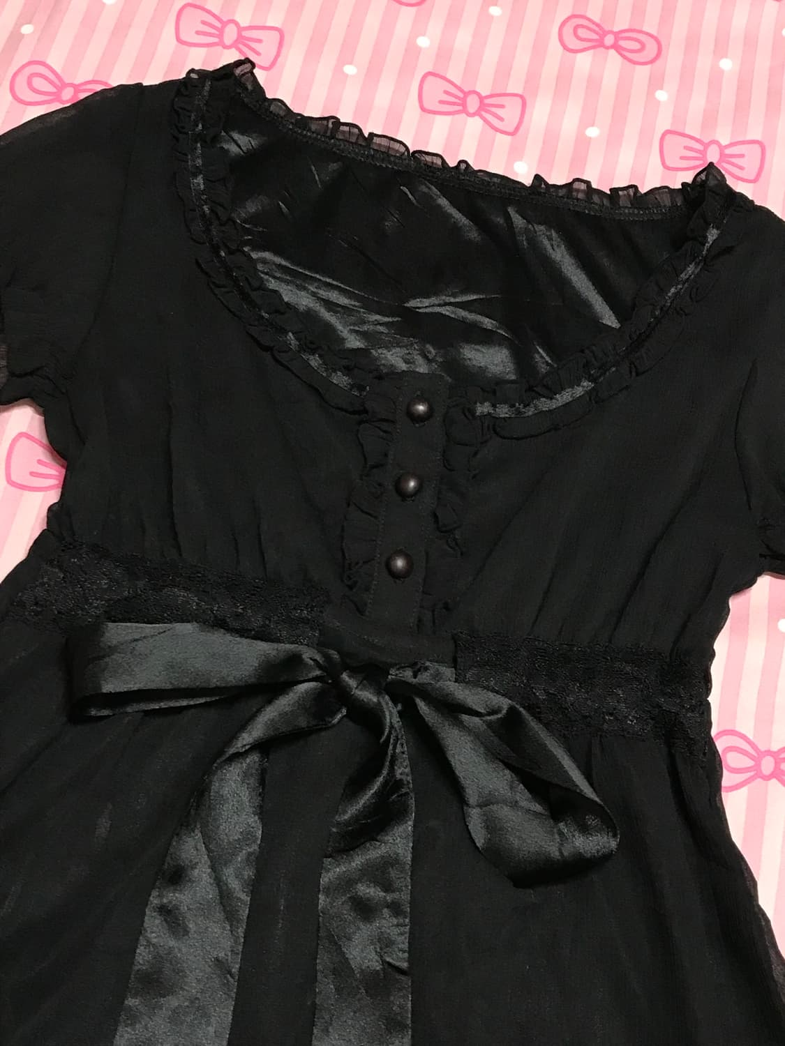 블랙 레이스 리본 블라우스 상품이미지4