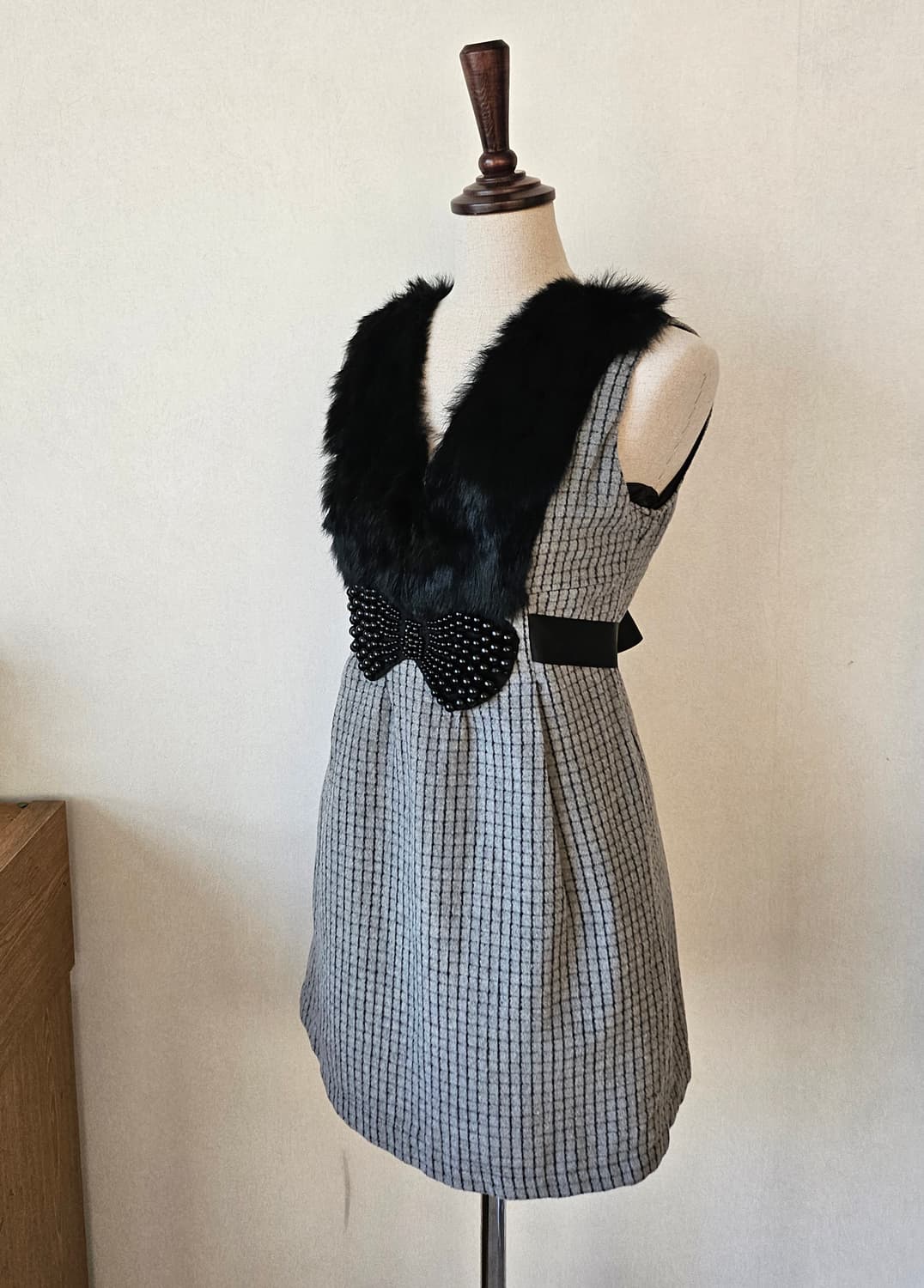 청담 편집샵 리얼 토끼털 퍼 진주 리본 원피스 44 / 하객룩 상품이미지3