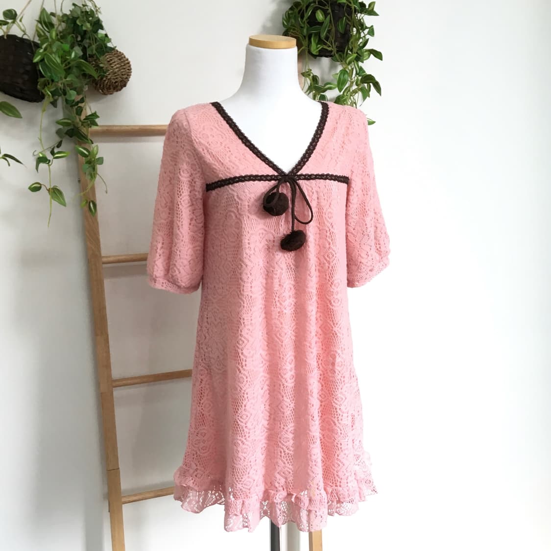 JPN/ 핑크 레이스 펀칭 미니 원피스 모리룩미니원피스 모리걸원피스 상품이미지2
