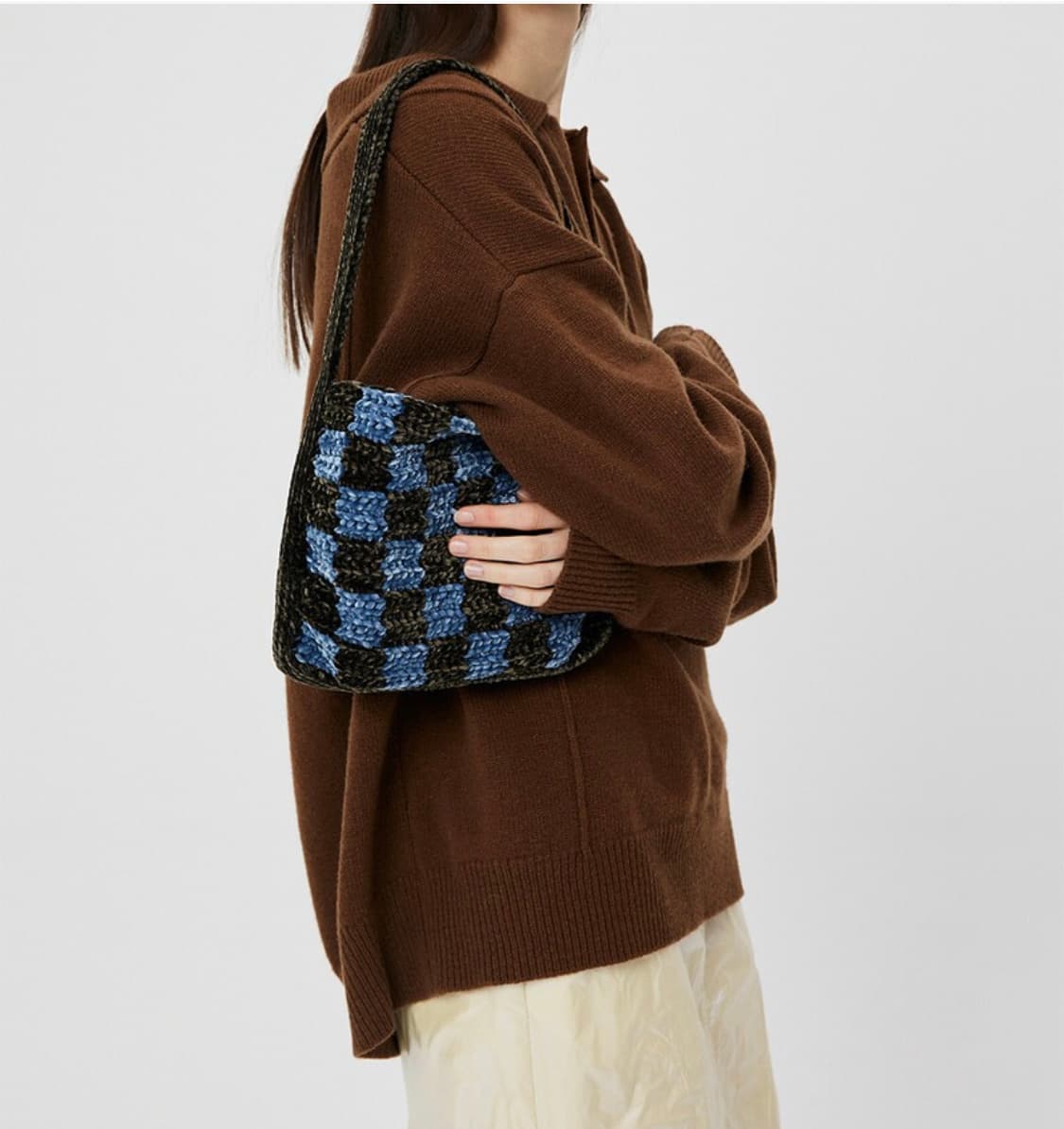 (오늘만급처)문선 핸드메이드 벨벳 체커보드 백 블루블랙 새상품 상품이미지3