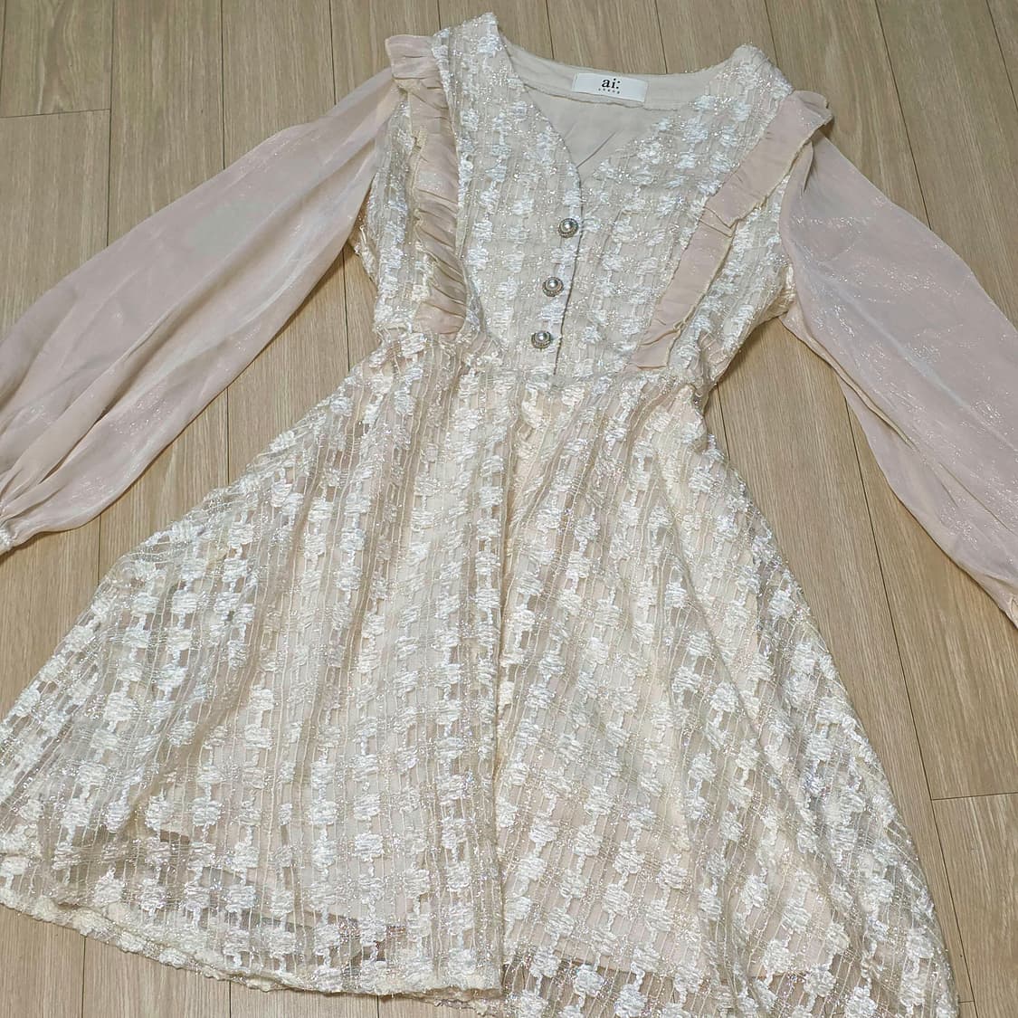 로판 화이트 트위드 쉬폰 로맨틱 진주 실크시스루st 원피스 상품이미지3