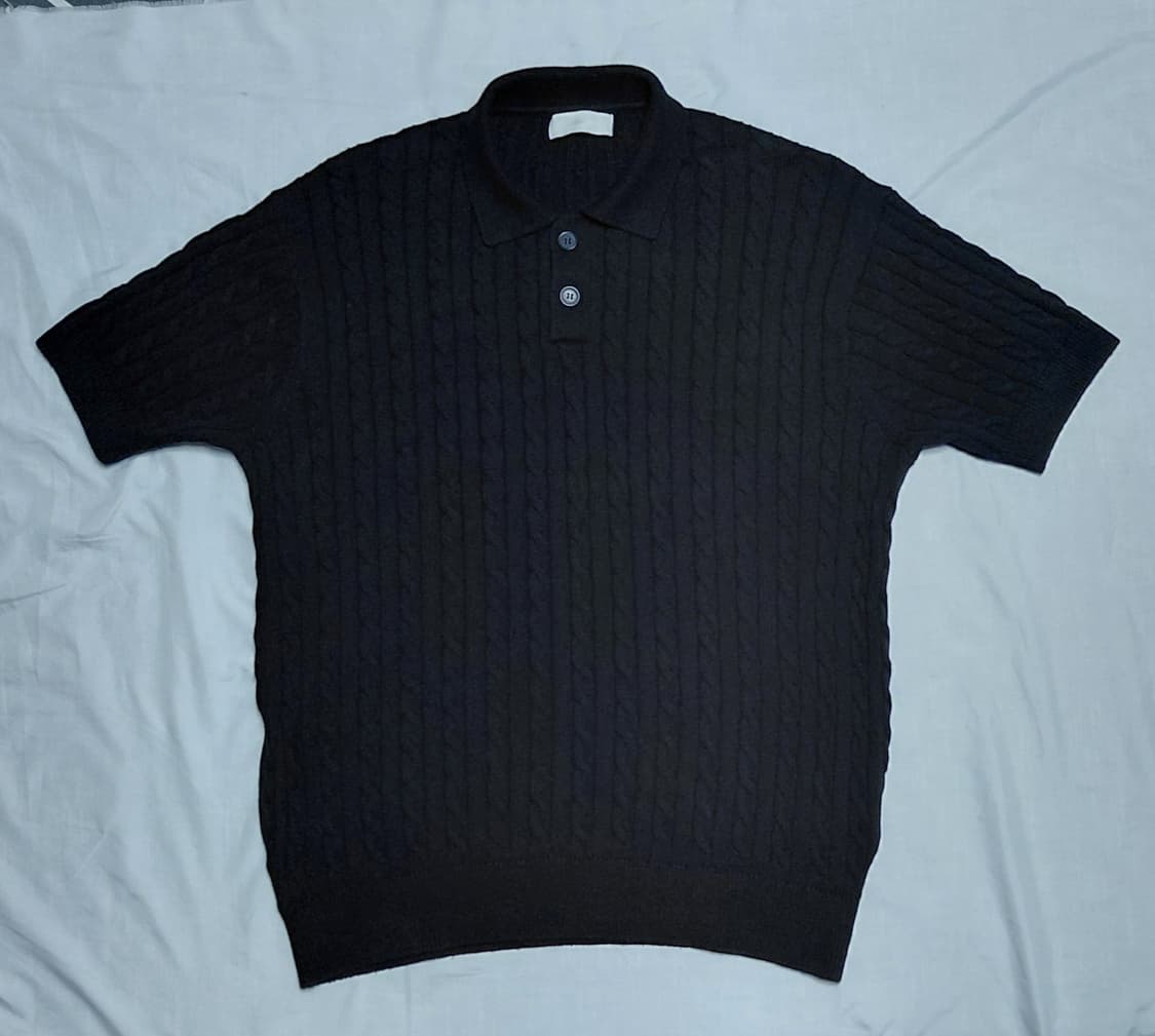 [XXL] 미나브(minav) 케이블 니트 카라 반팔 티셔츠 (블랙) 상품이미지2