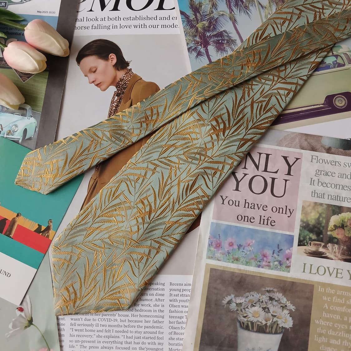 짐톰슨 실크 옐로우 자수 패턴 넥타이 9.9cm A+등급 A19778 상품이미지3