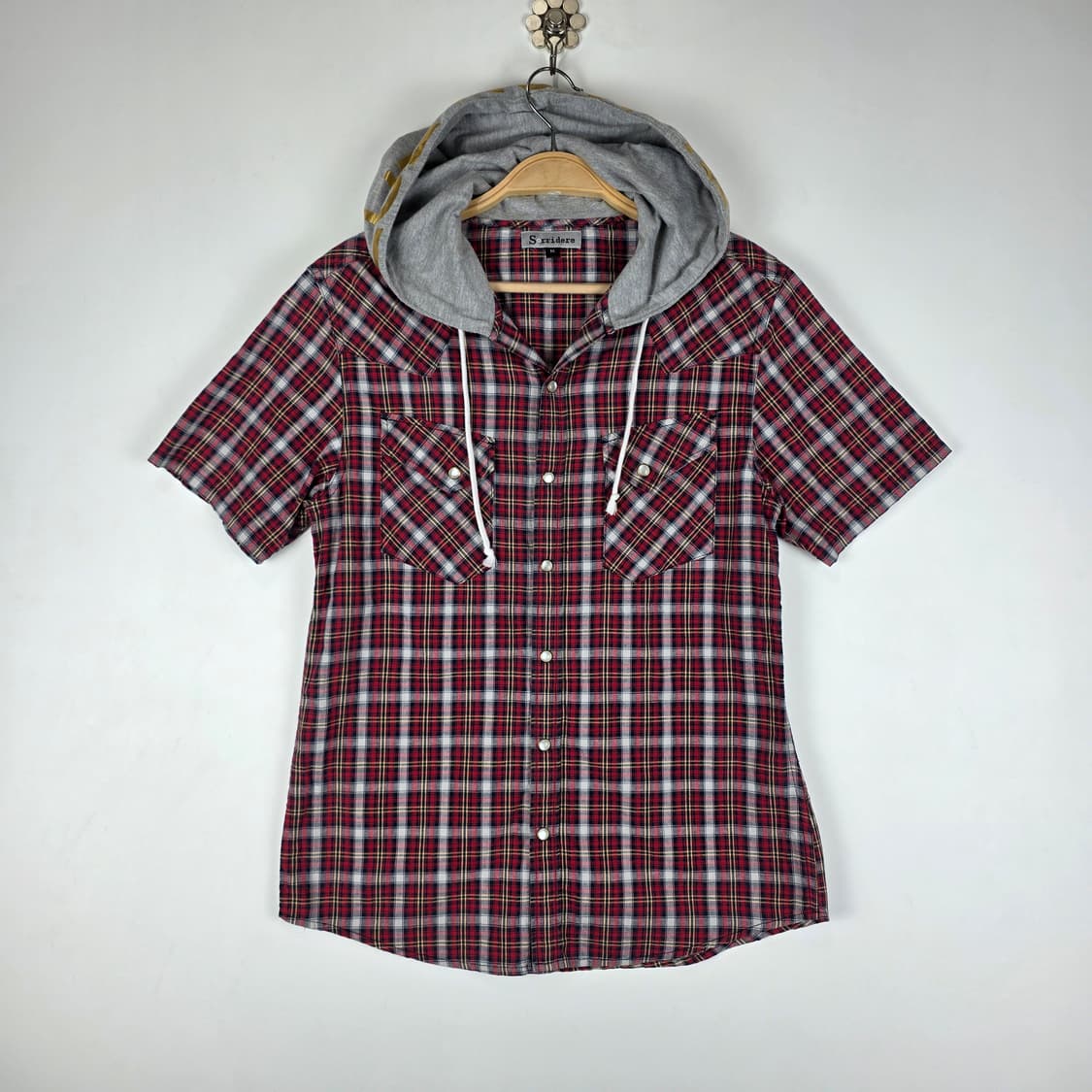 레드체크 후드 반팔남방 상품이미지1