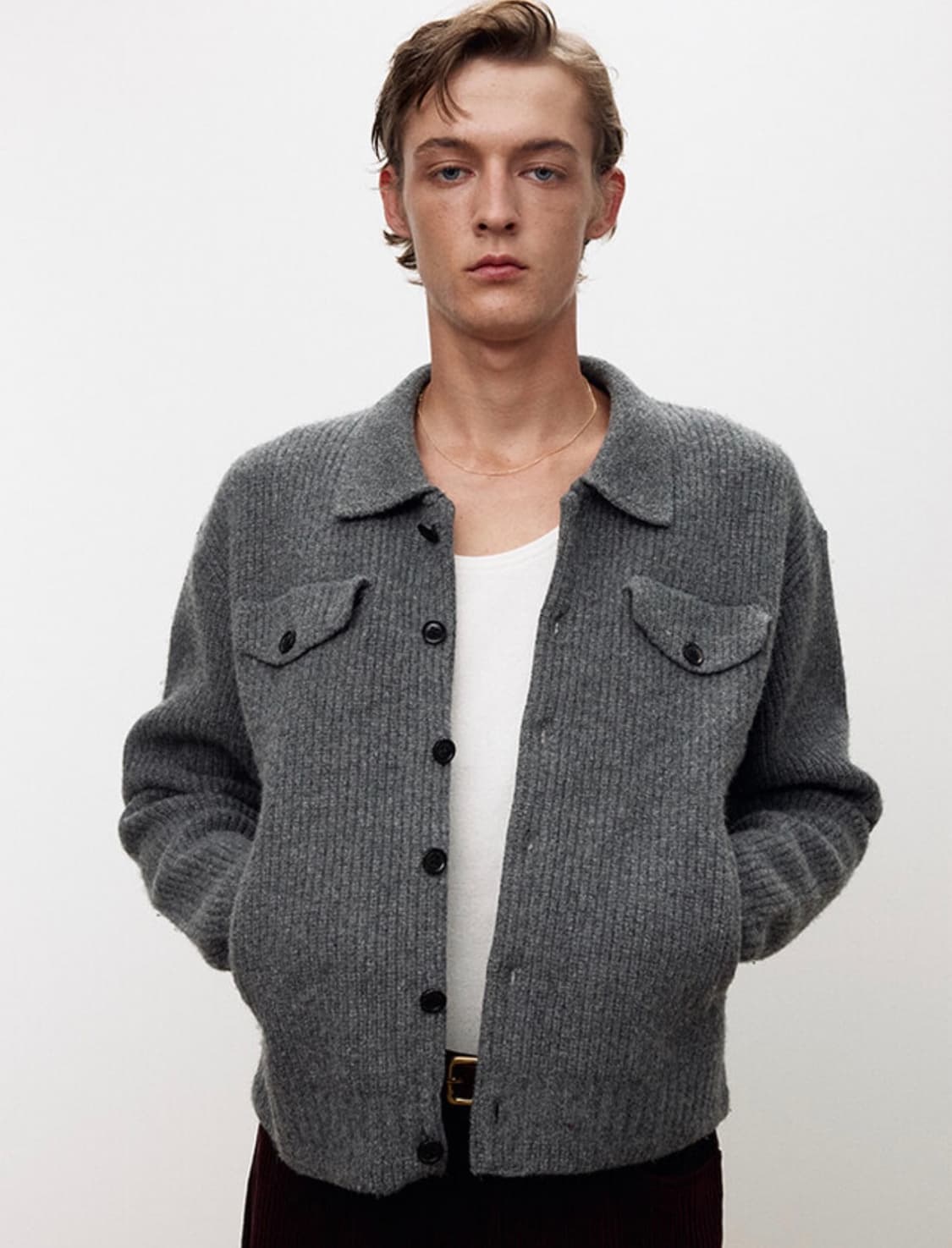 [L] 토니웩 니트 트러커 가디건 그레이 리브 울 코튼 메리노울 상품이미지1