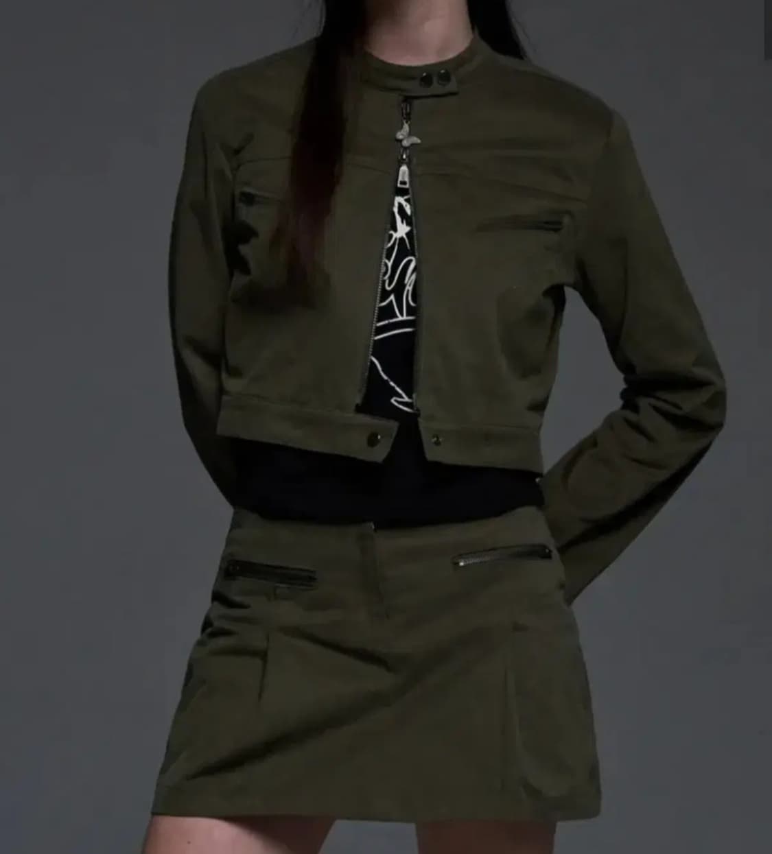 팬시클럽 바이커 크롭 셋업 카키 상품이미지1