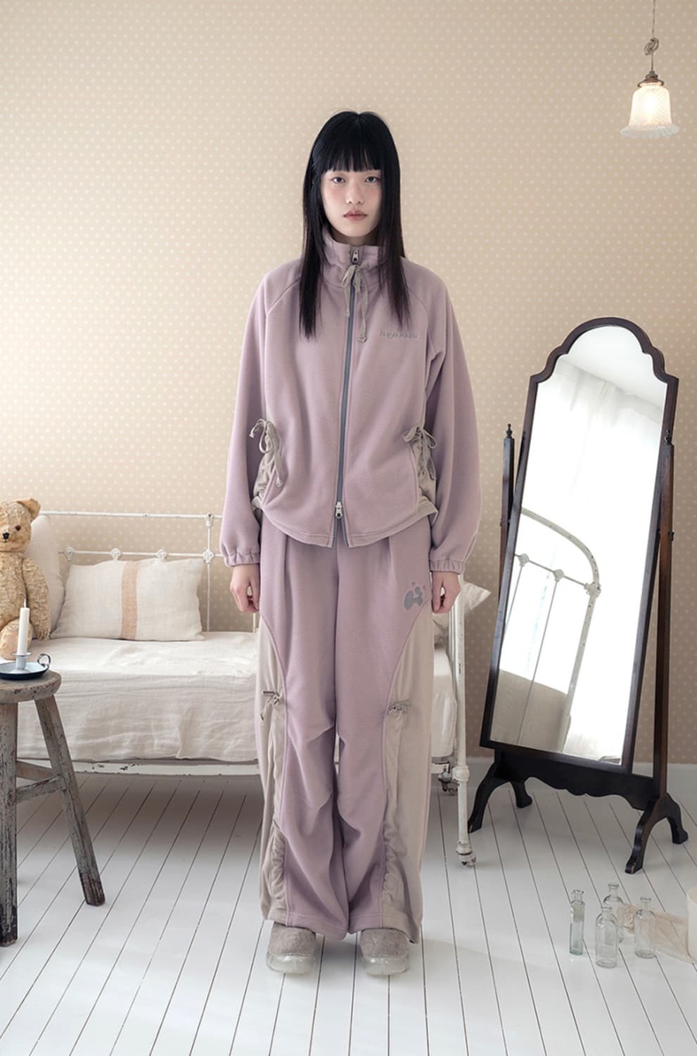 허그유어스킨 드로우 스트링 플리스 집업 팬츠 핑크 셋업 상품이미지2