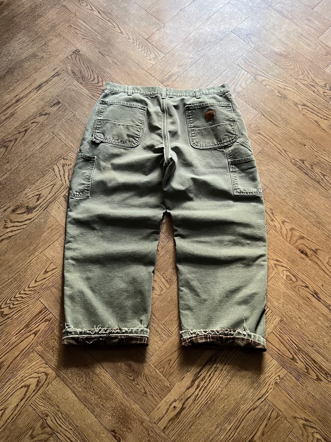 [36]칼하트 USA 체크라이닝 모스그린 데미지드 싱글니 워크팬츠 M12 상품이미지2