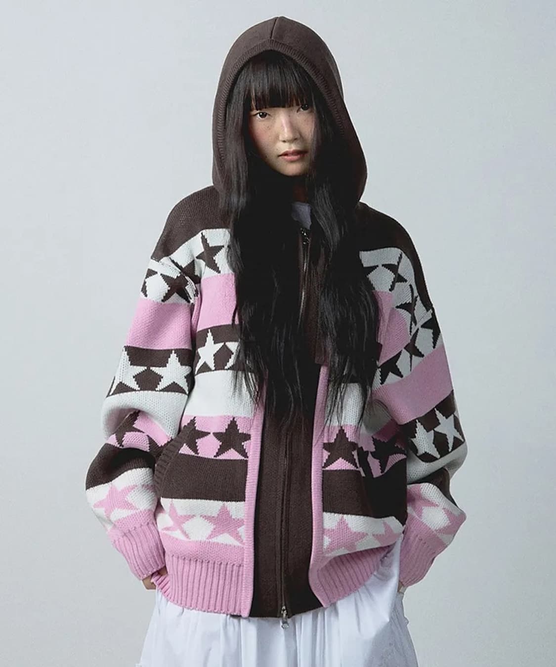 유희 스타 패턴 레이어드 니트 후드집업 가디건 팝니다 :) 상품이미지1