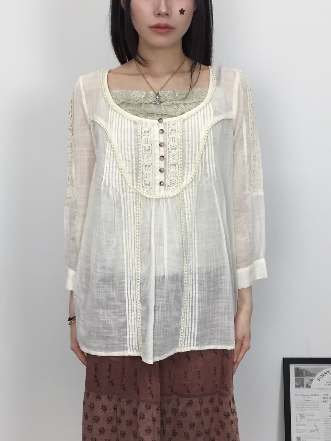 Vintage Romantic Lace-Trimmed Gauze Top 상품이미지2