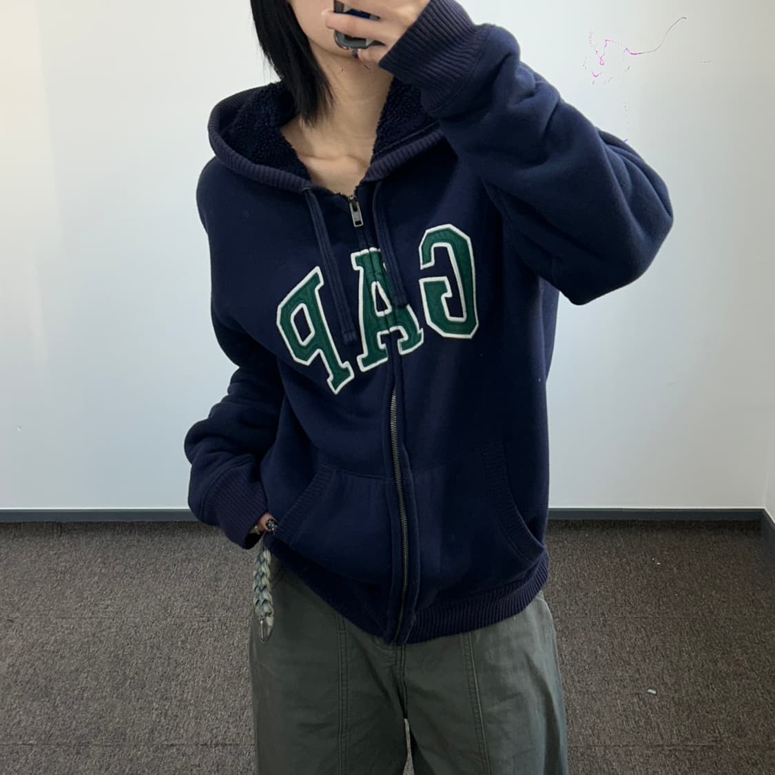 Gap 갭 그린 로고 네이비 퍼안감 후드집업 상품이미지2