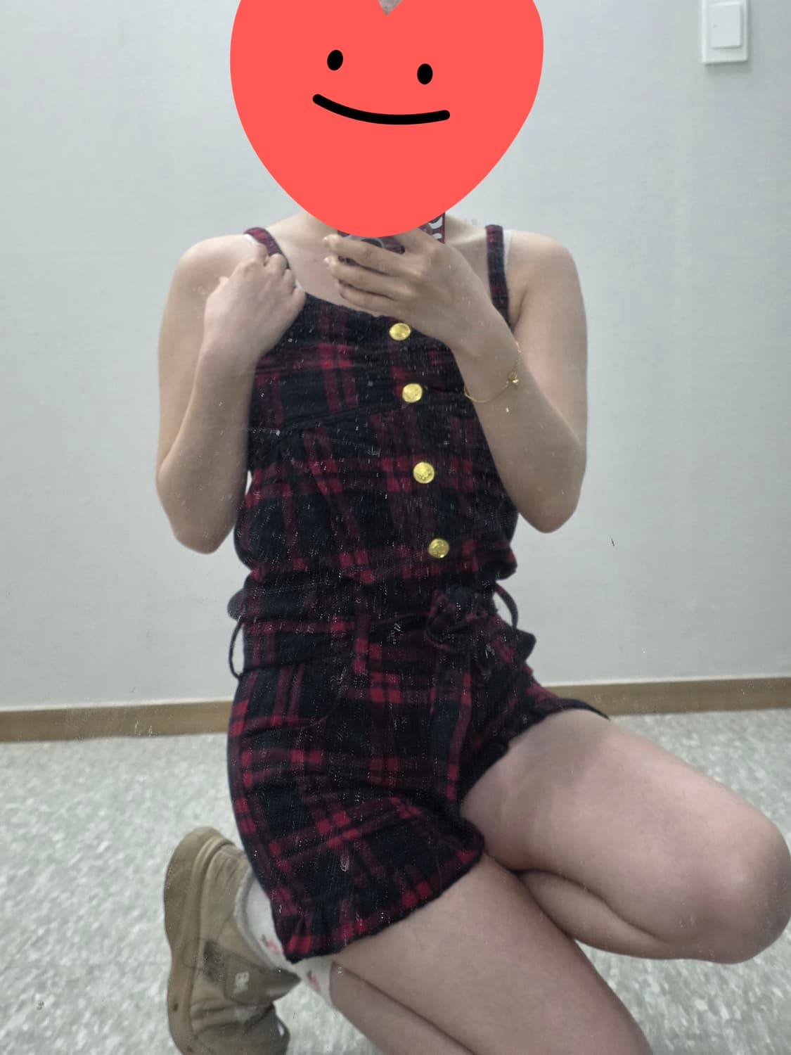 일본빈티지)오네갸루 캐캐체 레드블랙 타탄체크 리본 고딕 멜빵큐롯롬퍼 상품이미지4