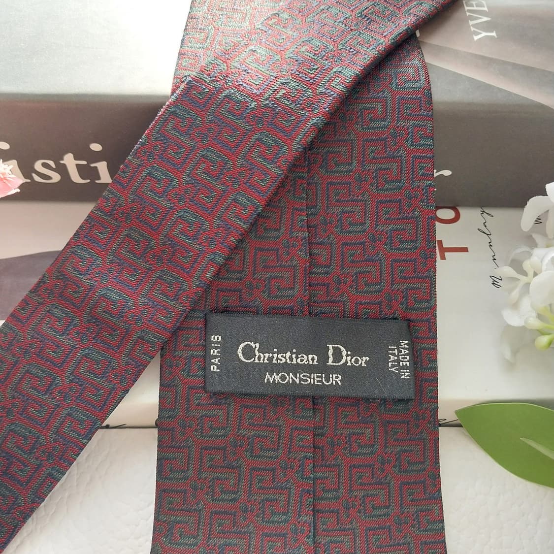 크리스찬 디올 실크 와인 기하 패턴 넥타이 8.4cm A등급 K1849
 상품이미지5
