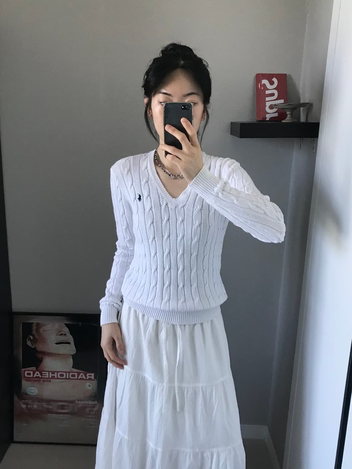 폴로 랄프로렌 포니 로고 화이트 브이넥 케이블 니트 상품이미지2